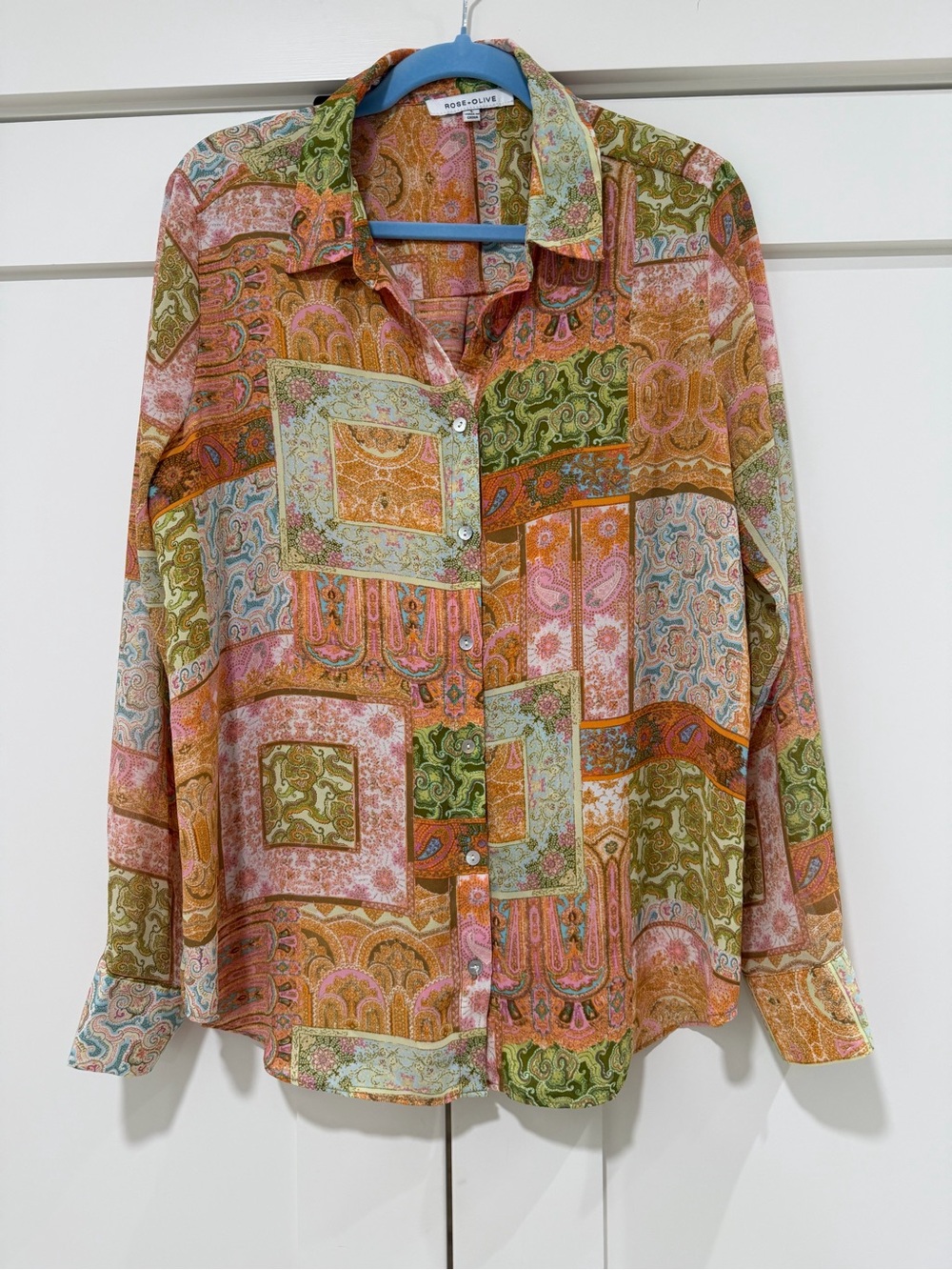 Rose + Olive Patchwork Paisley Button Down Blouse Size L Boho Multicolor - Picture 5 of 10